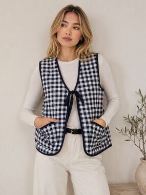 Free People Claudine Quilted Vest Blue Gingham Cottage Boho Farmhouse Country M